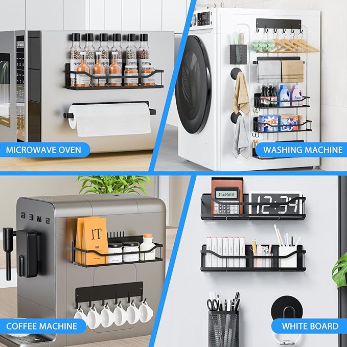 Multifunctional Magnetic Shelf for Washing Machine, Refrigerator, Microwave, and Any Metal Surface, Powerful Magnetic Shelves Include Magnetic Paper Towel Holder, Unique Hollow Design (8 pcs - Black)