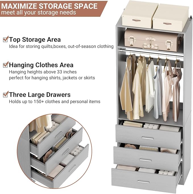 Besiost Closet System Set of 4, 8FT Closet Systems with 12 Wood Drawers, 96" Closet Organizer System with 4 Hanging Rods & 4 Shelves, Heavy Duty 96 Inch Walk-in Closet, Grey (96"L x 15" W x 80" H)