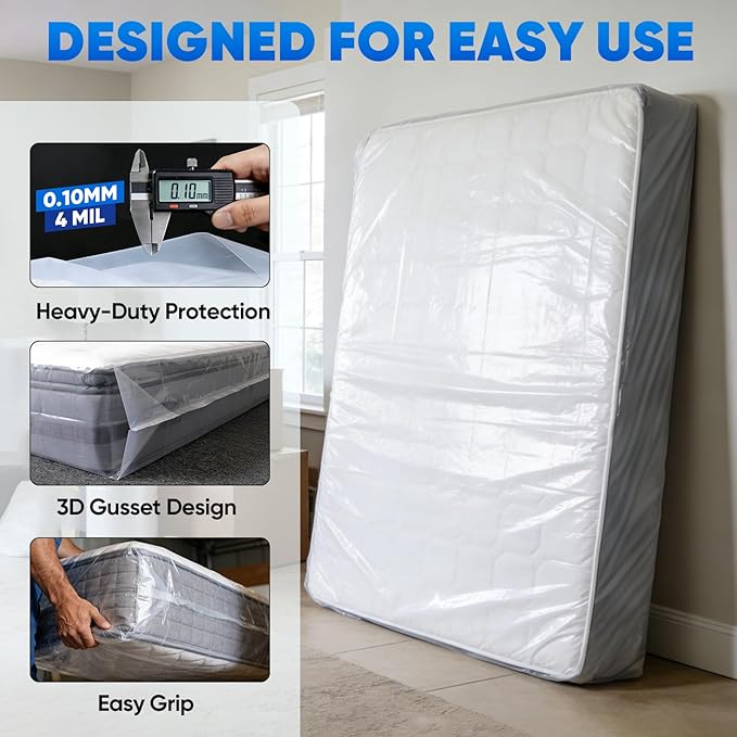 TICONN 2PK Plastic Mattress Bag for Moving Storage, Waterproof Mattress Protector Cover, Heavy-Duty Mattress Moving Supplies (4 mil, Queen)