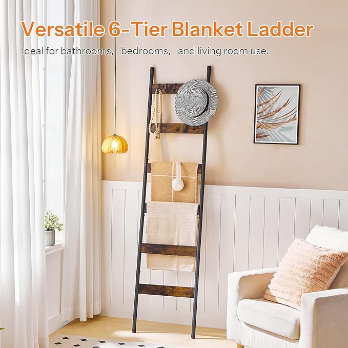 HOOBRO Blanket Ladder, 6-Tier Towel Rack with Hooks, Wall-Leaning Blanket Rack, Decorative Display Ladder Shelf, Scarves, Industrial, Living Room, Bedroom, Rustic Brown and Black BF66CJ01