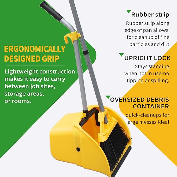 Commercial Broom and Dustpan Set Debris Dustpan with Handle,Jumbo Debris Pan, Trash Collection for Industrial/Professional Cleaning,2Sets, Yellow,Extra-Large Size