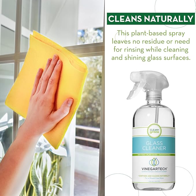 CLEAN+GREEN VinegarTech Glass Cleaner Spray - Cleaning Vinegar- Vinegar For Cleaning Purpose - Glass Cleaner, Window Cleaner, Bathroom Glass Cleaner- Spray Cleaner for House Supplies- 24 Fl Oz