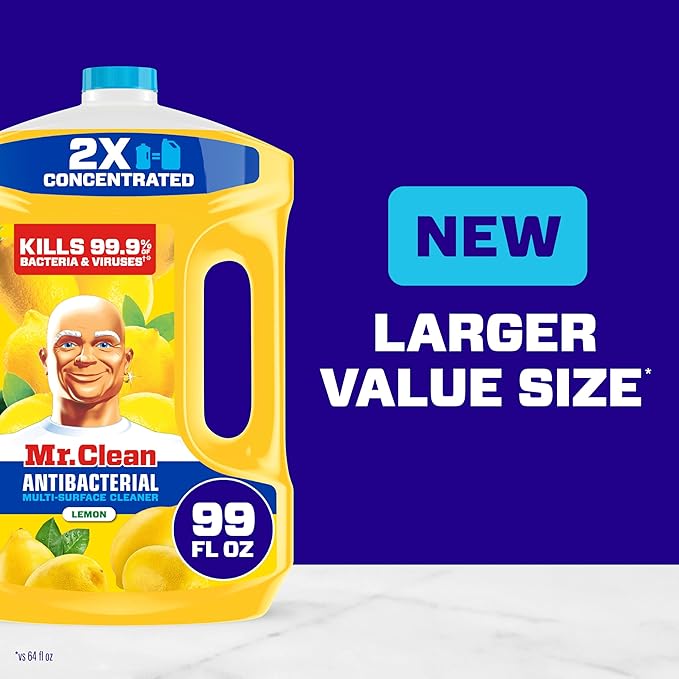 Mr. Clean Antibacterial All Purpose Cleaner, Floor Cleaner for Mopping Home, Bathroom, & Kitchen, Cleaning Liquid for Mop & Bucket, Cleaning Supplies, Multi-Surface Dilutable, Lemon, 99oz