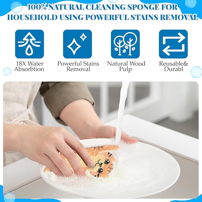8 Pack Cute Kitchen Sponges Dish Set Compressed Non-Scratch Reusable Kitchen Cleaning Household Sponges for Dishes, Pans, Kitchen, Fruit, Plate, Bathroom(Cat)