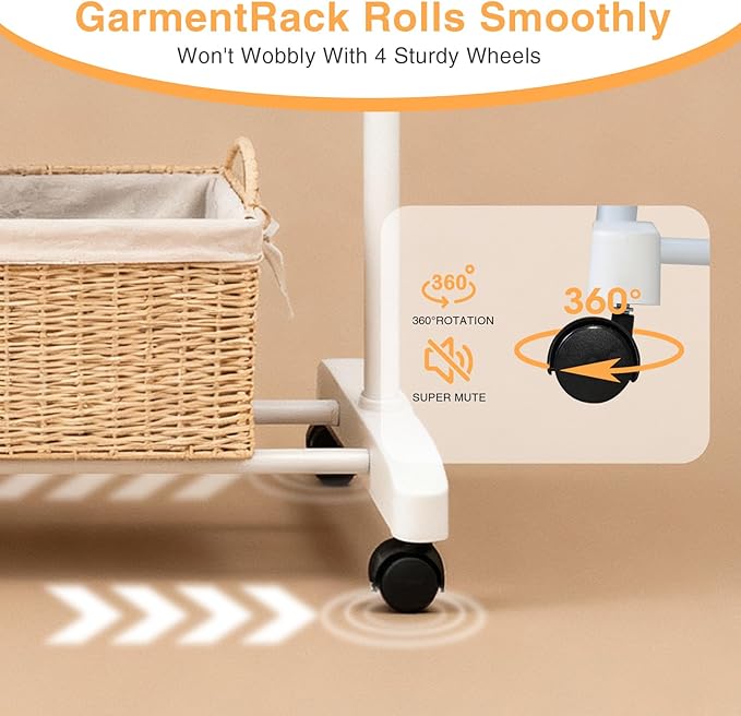 Clothing Drying Rack with Wheels, Standard Rod Simple Rolling Metal Laundry Rack Organizer, 34 Inch Wide with Bottom Shelf for Hanging Clothes Coats Skirts,White