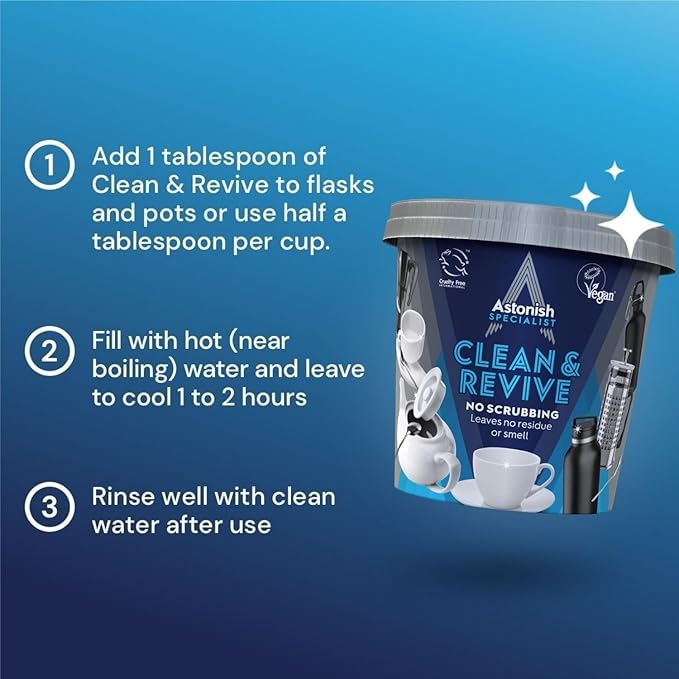 Descaling Foaming Powder | Tea & Coffee Mugs, Pots, Kettles & Stainless Steel | Dissolves Limescale & Eliminates Stains | Astonish Clean & Revive (Pack of 2)