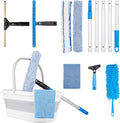 Window Cleaning Kit,Swivel Squeegee & Scrubber with Extension Poles,Foldable Bucket,Blendable Duster,2 Scrubber Pads & Cleaning Cloth, Glass Scraper Cleaning Tool Kit for Window Glass Mirror Car