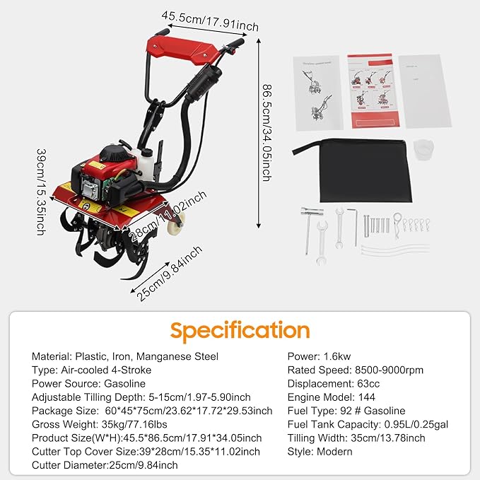 4-Stroke 63CC Gas Powered Tiller Cultivator Garden Yard Rototiller Tilling Tool Gas Tiller- Ideal for Garden, Lawn, Soil Cultivation, Weed & Digging