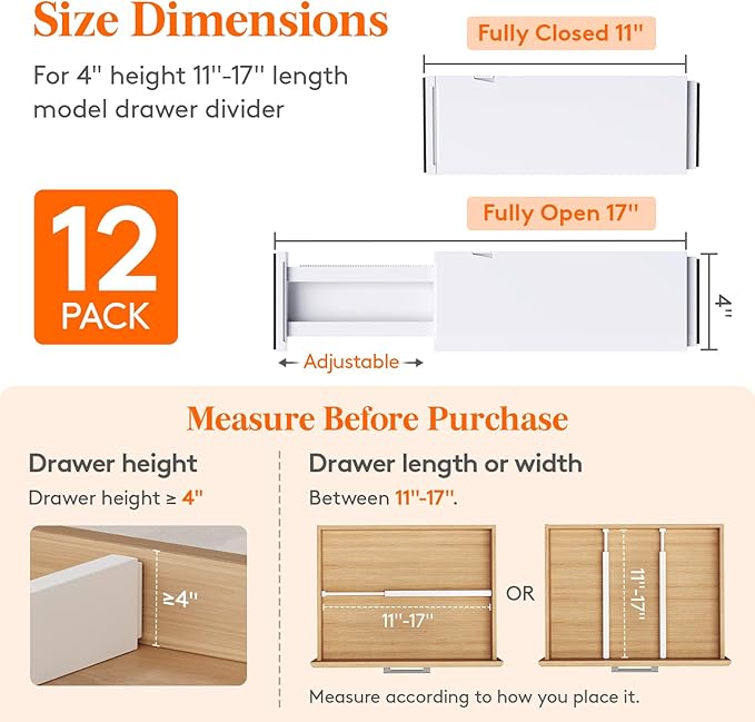 Lifewit 12 Pack 4" High Drawer Dividers 28-43.5cm/11-17" Adjustable Drawer Organizer for Clothes/Utensils, Expandable Drawer Separator in Dresser/Kitchen/Bedroom/Office Organization & Storage White