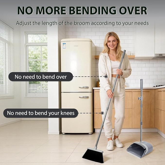 YZO Broom with Dustpan Combo Set, 54.33 Inch Long Handle Standing Design, Dustpan Front Rubber Tight Seal, Broom with 5 Layer Bristles, Suitable for Bedroom, Yard, Office and Apartment(Gray&Black)