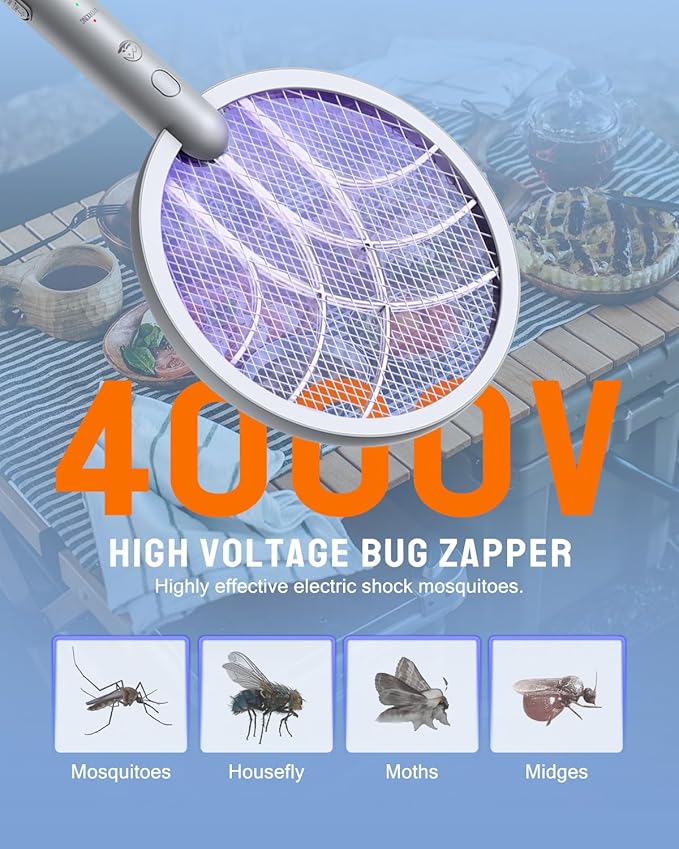 Electric Fly Swatter Racket, Mosiller 2 in 1 Smart Bug Zapper & Power Take Off Generators with USB Rechargeable Base, Powerful Mosquitoes Trap Lamp & Fly Killer for Home, Bedroom(Light Grey（2 Pack）)