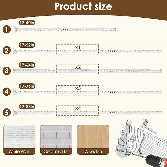 Closet Rod 17-63 Inches，1.3 Inch Diameter Heavy-Duty Adjustable Closet Rods for Hanging Clothes Closet Hanging Rod Metal Closet Poles for Wardrobes Laundry RV Bathroom（White Wood Grain Finish）