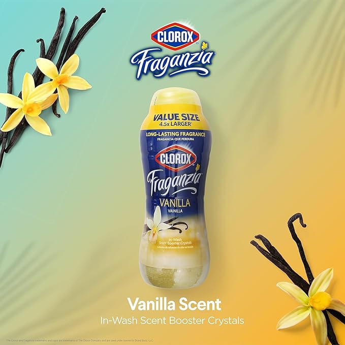 Clorox Fraganzia Laundry Scent Booster Crystals, In-Wash Fragrance Beads for Fresh-Smelling Clothes & Linens, Safe for All Fabrics & Colors, Easy-Pour Bottle, Vanilla Scent, 70 Oz - 6 Pack