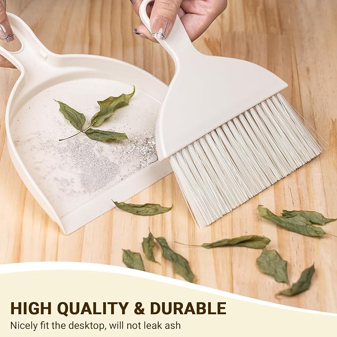 THINKLEARN 2PCS Mini Broom and Dustpan Set, Small Dustpan and Brush, Compact Hand Broom Dust Pan Set for Cleaning, Beige