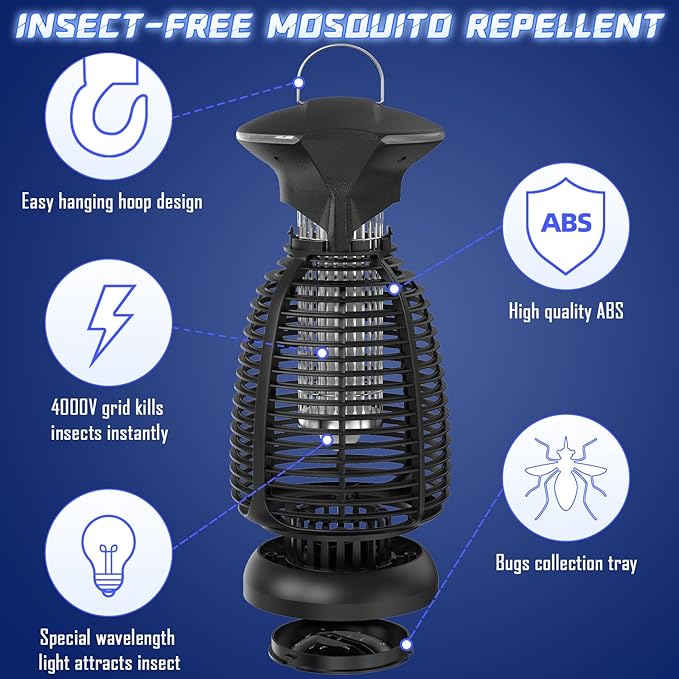 Bug Zapper Outdoor for Mosquito Flies - Electric 4000V Powerful Bug Zappers Indoor Waterproof Insect Killer Trap Lamp with LED Light for Patio Backyard Porch Garage & Home