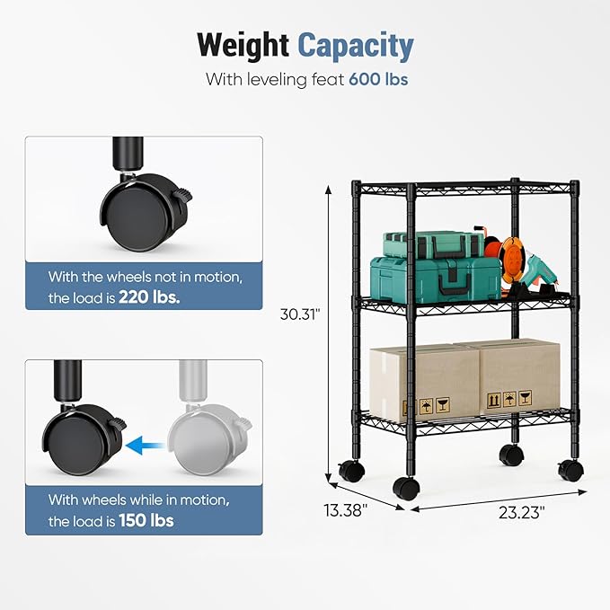 DUMOS Industrial 3 Level Grid Storage Rack ，Mobile Metallic Shelving System with Lockable Wheels， Multi-Purpose Cabinet for Workshop, Culinary Space, Storeroom, Washroom & Restroom Black