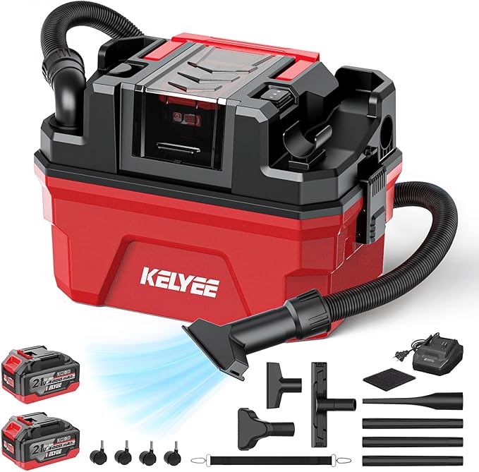 Cordless Shop Vac - 3 Gallon Small Shop Vac Wet and Dry with Accessories, 2 x 4.0Ah Batteries Wet Dry Vacuum, Ideal for Garage, Car, Workshop (Red)