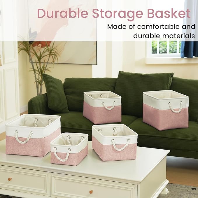 Large Storage Baskets- 15x11x10 inch Storage Bins for Shelves and Closet Organizing, Foldable Fabric Bin for Home Organization Clothes and Laundry (1-Pack, White&Pink)