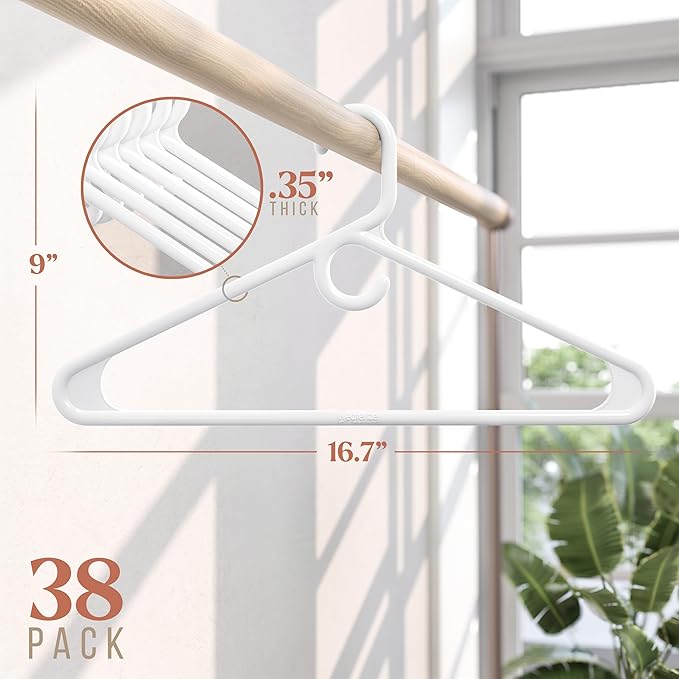 NEATERIZE Thick Heavy Duty Hangers - White Plastic Clothes Hangers 38 Pack - Great for Coat Hanger, Jackets Jeans & Suit Hanger for Closet - New Apartment Essentials Percheros Ganchos para Colgar Ropa