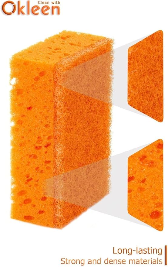 Orange Multi Use Scrub Sponge. Made in Europe. 18 Pack, 4.3x2.8x1.4 inches. Odorless Heavy Duty and Non Scratch Fiber. Durable and Delicate Scrubber for Oven and Stove, Bathroom and Basement