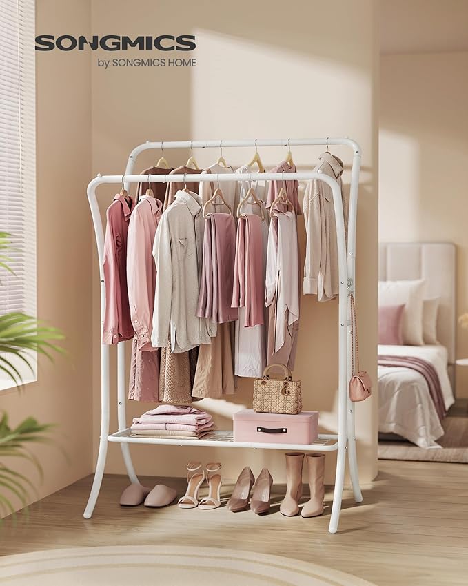 SONGMICS Clothes Rack,Clothing Rack with Shelves,Garment Racks Heavy Duty,Double Rod Clothes Rack with 6 Hooks, Clothes Storage and Display,for Living Room,Bedroom, Cloud White UHSR109W01