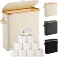 Toilet Paper Basket With Lid for Mega Rolls, Large Bamboo Organizer Holder Stand for Bathroom, Enclosed Tissue Storage Bin Box Container, Free Standing, Beige