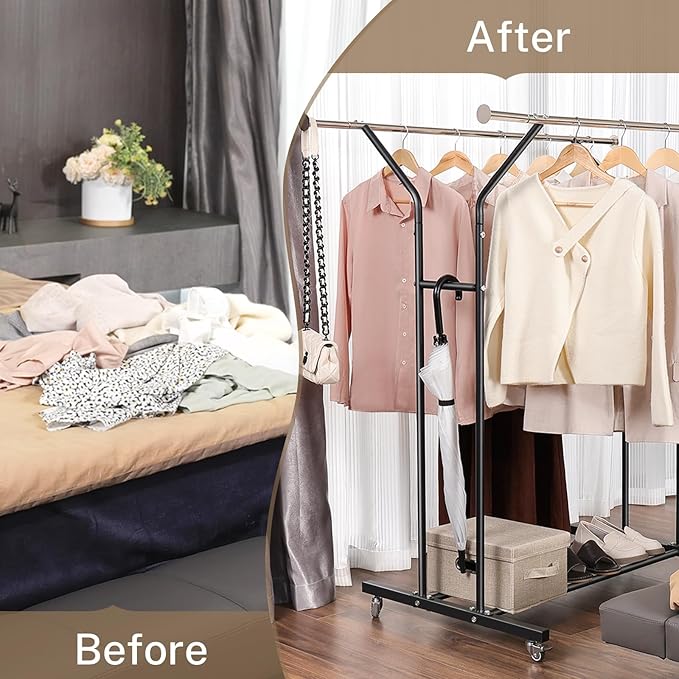 VICERII Clothing Rack, Heavy Duty Clothes Racks with Wheels and Bottom Shelf, 52.36’’ Metal Double Clothing Racks with Wheels, Wardrobe Rack for Hanging Clothes, Coats, Shirts, Skirts, Dresses, Black
