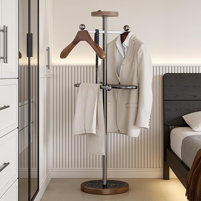 Suit Valet Stand with 2 Wooden Hangers & Storage Tray, Stainless Steel Frame, Solid Natural Marble Base, Freestanding Clothing Valet for Men, Bedroom, Office, Entryway (12.6 x 54.33 in)