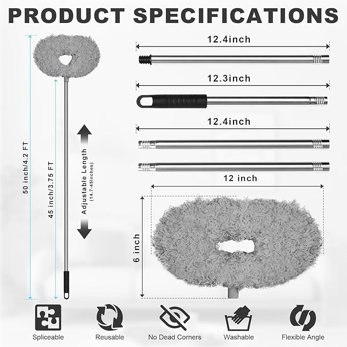 Storystore Ceiling Fan Cleaner Duster - Bendable and Adjustable Long Handle Feather Duster Kit, Fan Blade Cleaner for Cleaning High Ceilings Chandelier, Furniture, Blinds (Grey-2 Duster 1 Handle)