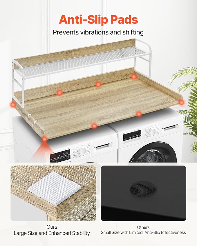 VEVOR Washer Dryer Countertop with 2-Tier Shelf, 54" x 27" Wooden Washer and Dryer Countertop with Anti-Slip Pads, Water-Resistant Laundry Topper Cover for Laundry Room Organization and Storage, Oak