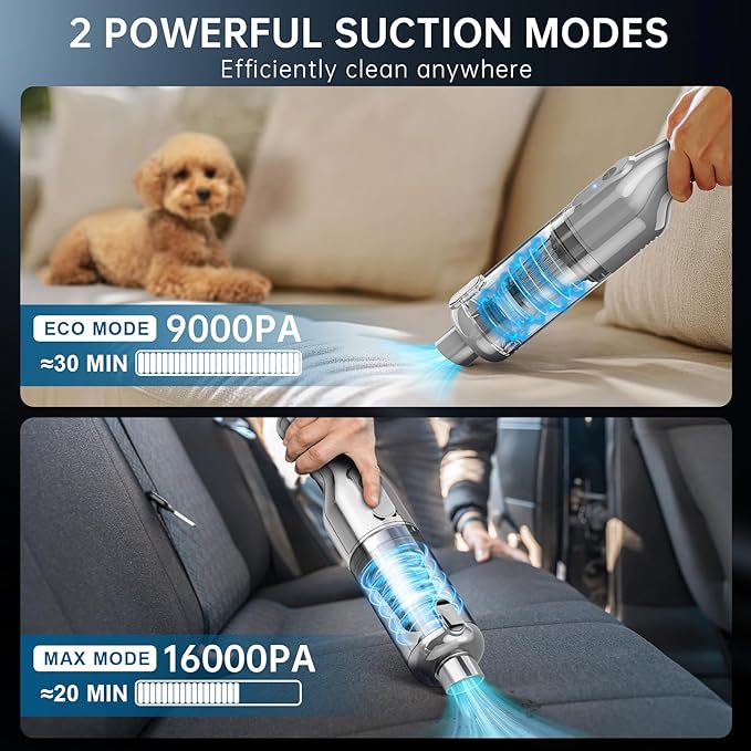 dormzie Handheld Vacuum Cordless, 16000Pa Powerful Suction, Lightweight at 1.3 lbs, Rechargeable Car Vacuum Cleaners for Home Office Car Pets with Brushless Motor, Multiple Accessories