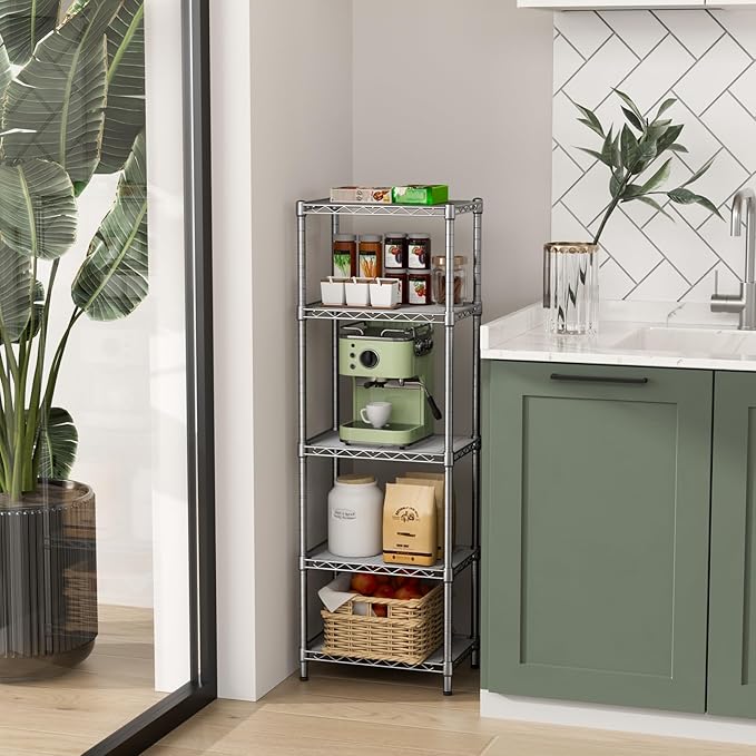 Golpart Small 5 tire Shelves Storage Wire Shelving Unit Metal Shelf Adjustable Organizers Storage Shelving for Bathroom Laundry Room Kitchen Pantry10”D x 16”W x 55”H Silver