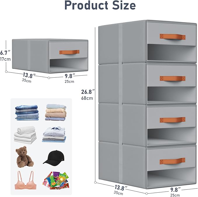 DIMJ Closet Organizers and Storage - Fabric Bins with Drawers for Closet Foldable Clothes Organizers with Clear Window, Stackable Storage Drawers Units for Bedroom, Living Room, Medium 6-Pack, Grey