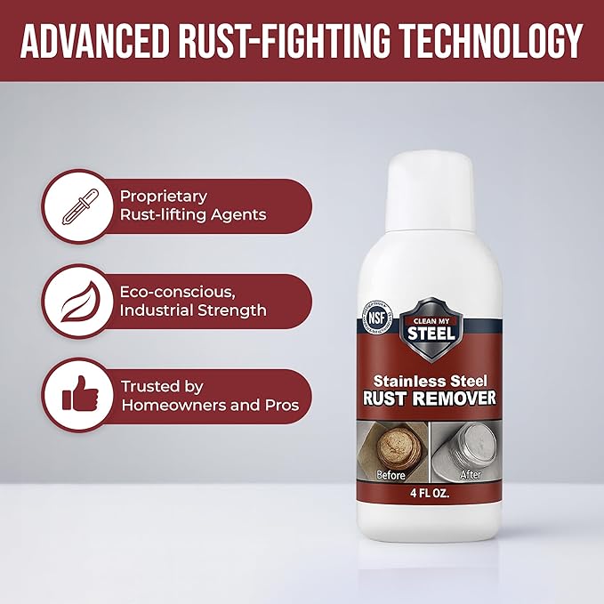 CLEAN MY STEEL Stainless Steel Rust Remover – NSF Approved Non-Toxic Rust Stain Remover Gel for Appliances, Sinks, Grills, Marine & Commercial Equipment (4 oz)