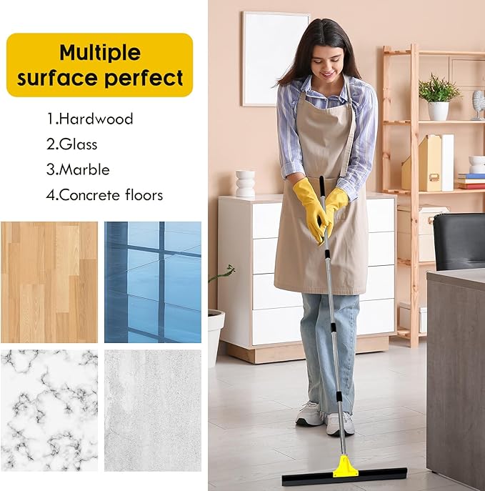 Floor Squeegee for Concrete and Tile Cleaning, 30'' Heavy Duty Rubber Wiper with 60'' Long Adjustable Handle Water Scraper for Bathroom Shower Glass Garage Glass Window(Yellow