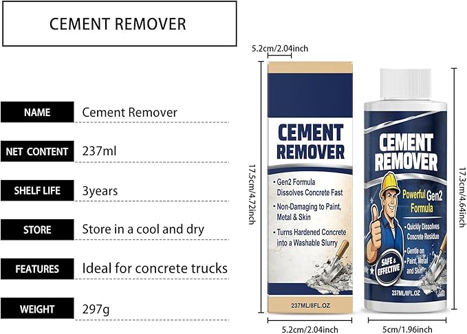 Concrete Remover Cleaner, Fast Acting No Damaging, 237ml Dried Concrete, Heavy Duty Liquid Solution, Outdoor Indoor Construction Sidewalk Patio Garage Floor Wall Tool Brick Maintenance