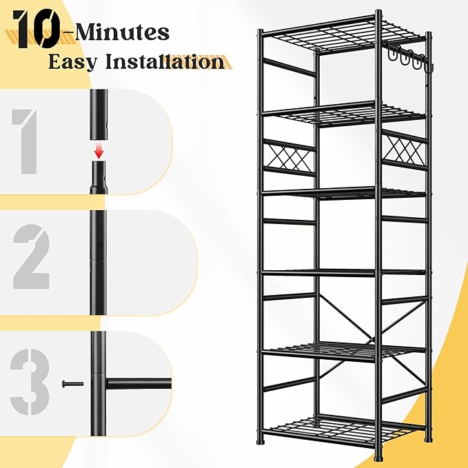 Metal Shelving 6-Tier Storage Shelves Unit with Hooks,Heavy Duty Garage Shelving with Leveling Feet,High Standing Shelf Organizer for Kitchen Pantry Bathroom Dorm,17.7”W×11.8”D ×72.2”H,Black