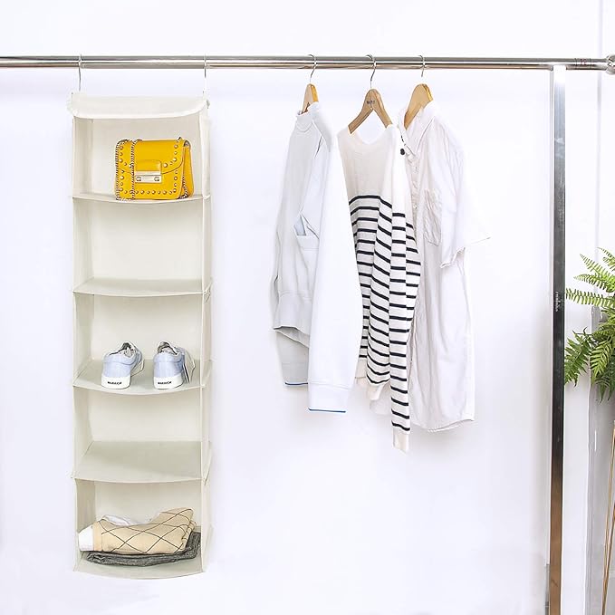 BrilliantJo 5 Shelves Hanging Closet Organizer, 2 Pack Hanging Storage with 6 Side Pockets for Clothes Shoes, 43"x12"x12"(Beige)