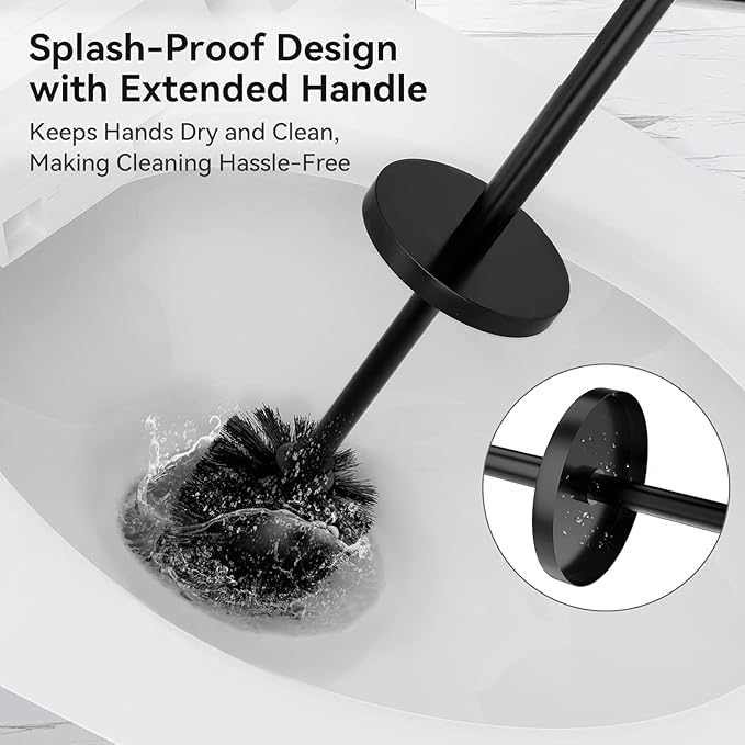 DOWRY Toilet Bowl Brush and Holder for Bathroom, Deep Cleaning Toilet Brush and Holder Set with Long Handle, Hidden Toilet Bowl Brush with Replaceable Head,Modern Decor Black Round 2PCS