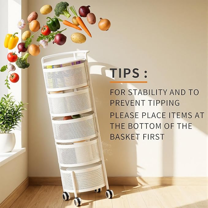 JAQ 5-Tier No Assembly White Rotating Storage Rack, Large Capacity Utility Cart for Kitchen Bathroom Nursery, Heavy Duty Fruit Vegetable Stand, White