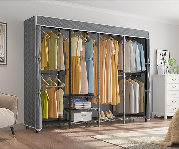 VIPEK V40C Covered Clothes Rack Heavy Duty Clothing Rack with Cover, Custom Freestanding Closet Portable Wardrobe Closet for Bedroom, Large Black Coset Rack with Grey Upgarded Polyester Cover