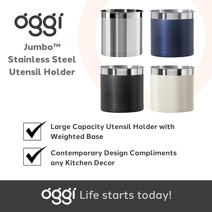 OGGI Stainless Steel Jumbo Utensil Holder - 7" Utensil Caddy, Weighted Base for Stability - Extra Large Utensil Crock and Countertop Utensil Organizer, Brick Red
