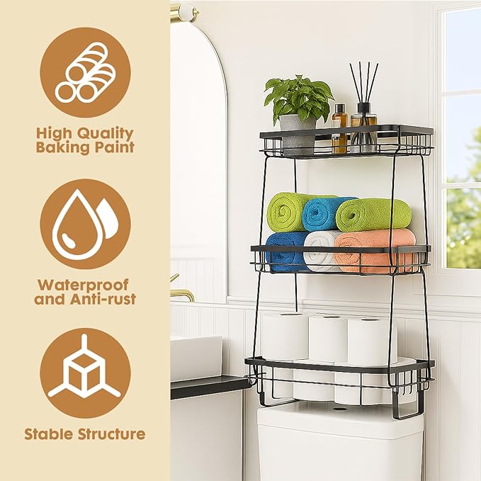 PowerKing Over The Toilet Storage Shelf, 3 Tier Bathroom Organizer Rack, No-Drill, Rust-Resistant Steel, Toilet Paper Holder for Restroom Bathroom, Black