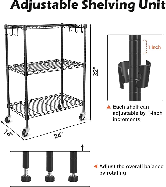WDT 3-Tier Storage Shelves, Heavy Duty Metal Shelves Wire Rack Shelving Unit, Adjustable Shelf with Wheels for Home Office Garage Kitchen Bathroom, 24" D x 14" W x 32" H