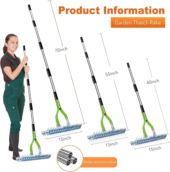 Thatch Rake,15" Lawn Dethatcher Rakes,Dead Grass Remover,Manual Dethatching Rake with Adjustable Length Handle,Scarifier Rake,Thatching Rakes for Lawns Grass Loosening Soil