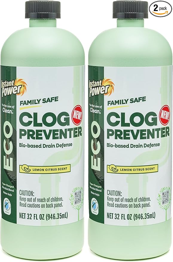 Instant Power Eco Clog Preventer - Enzyme Drain Cleaner Liquid and Deodorizer for Sink, Shower, Toilet, Garbage Disposal Cleaner, Bio-Based Drain Defense, Smell Remover and Odor Eliminator - 32 fl oz