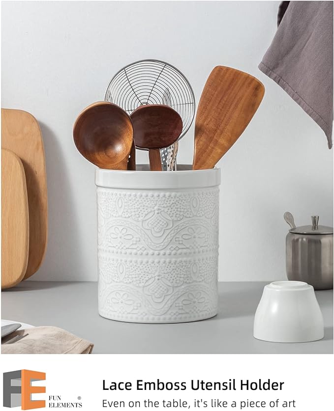 FUN ELEMENTS Kitchen Utensil Holder, 7.2" Super Large Utensil Crock Heavy and Stable Lace Emboss Ceramic Utensil Holder for Kitchen Counter (Bright White)