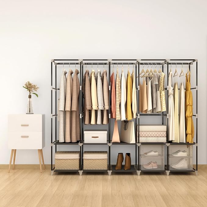 MOGELAFOO 83 Inch Wide Portable Closet Wardrobe, Clothes Storage Rack Organizer with Cover, 5 Clothes Hanging Rods and 10 Storage Shelves, Black