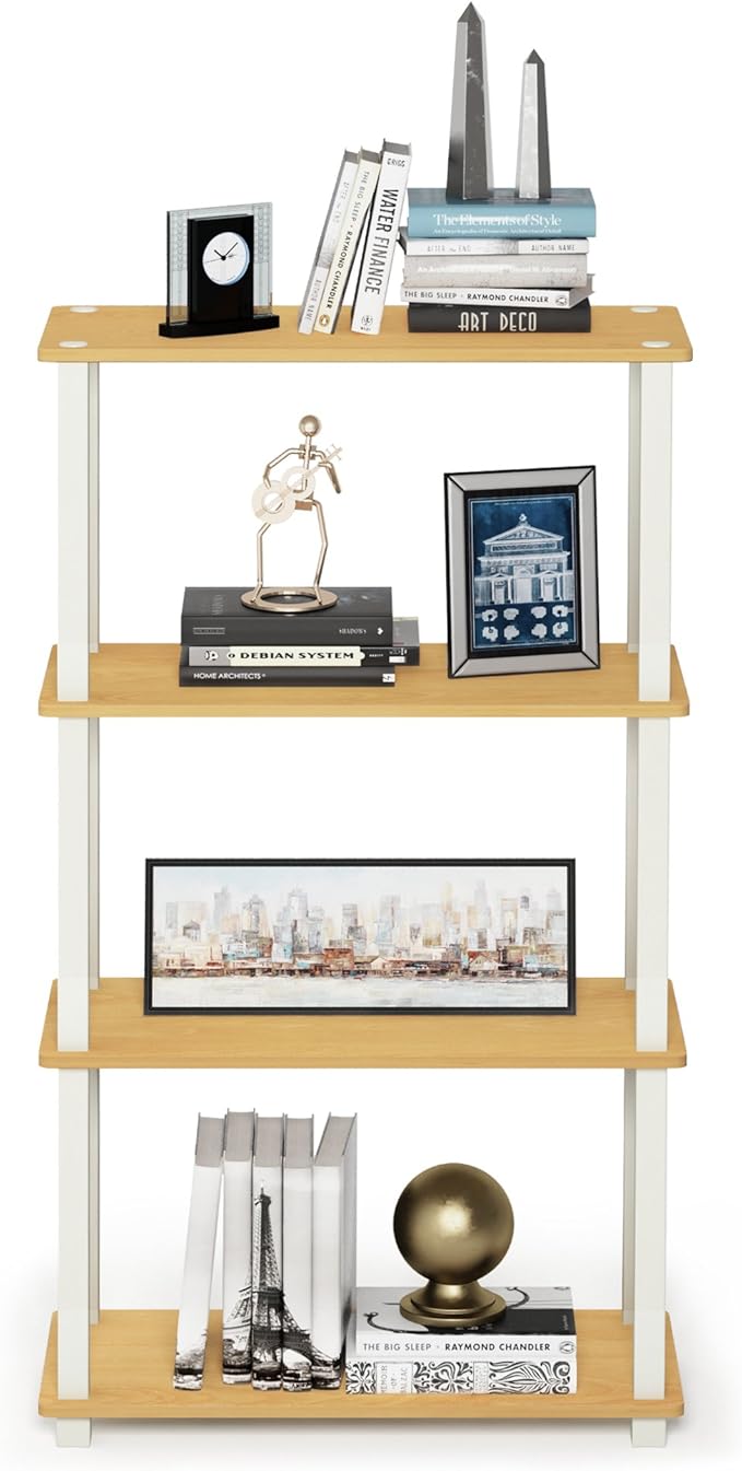 Furinno TURN-S-TUBE Storage Shelves, 4-Tier Book Shelf, Corner Shelf, Toolless Open Shelves, for Organization and Storage, Living Room, Garage, Home Office, Beech