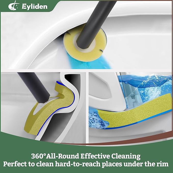 Eyliden Disposable Toilet Brush and Plunger Combo | 2-in-1 Toilet Bowl Wand Kit - 10 Count Pre-Soaked Refill Heads, 3-Step Plunger, Storage Holder - Compact Toilet Cleaning System, Black